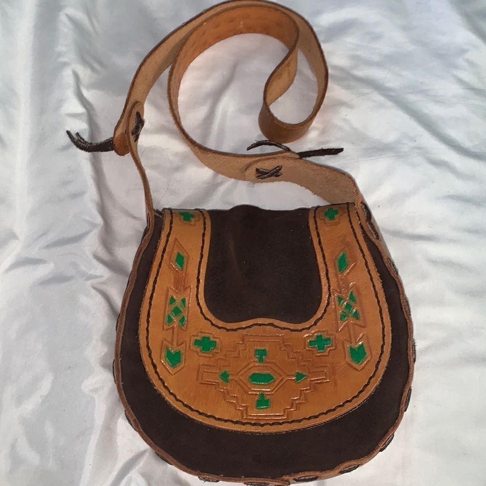 Vintage handmade leather & suede tooled purse